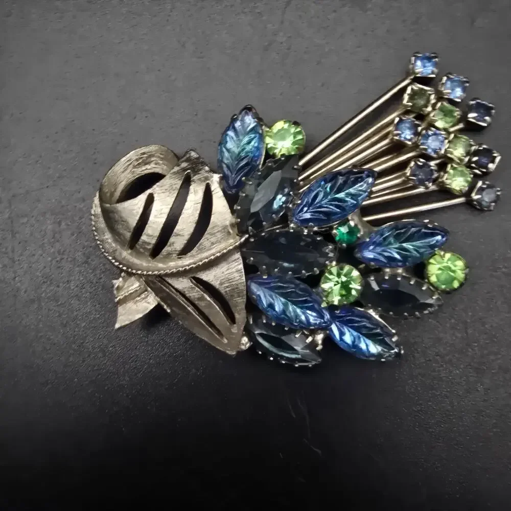 Blue Green Rhinestone Bouquet Brooch UV Glow Vintage Costume Jewelry